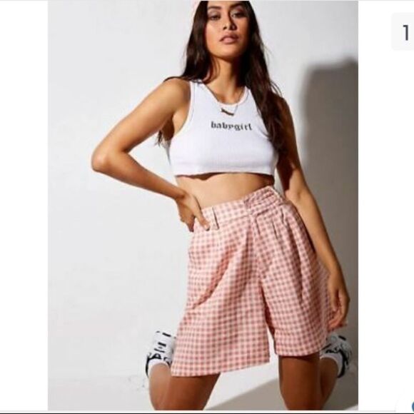 NWT MOTEL ROCKS Lexta Gingham Checked Pink Hight Waisted Shorts 50s Retro SZ XS - Picture 2 of 10